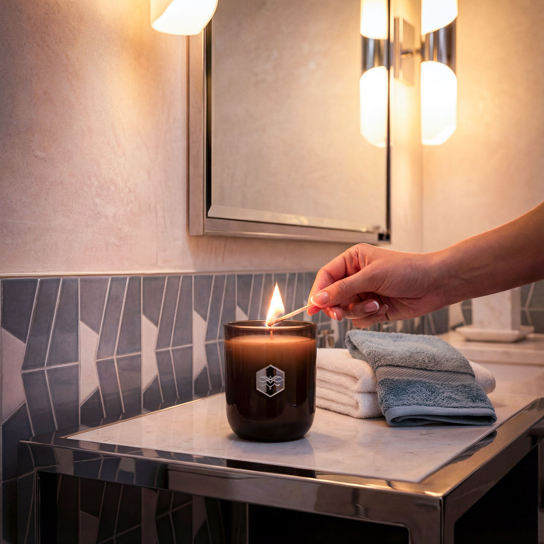 Person lighting a candle on a bathroom counter with a mirror and towels in the background