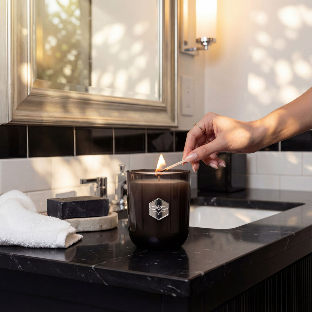 Person lighting a candle on a bathroom counter with decorative elements.