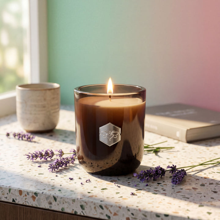 Candle in a glass container with a logo, surrounded by lavender flowers on a windowsill.