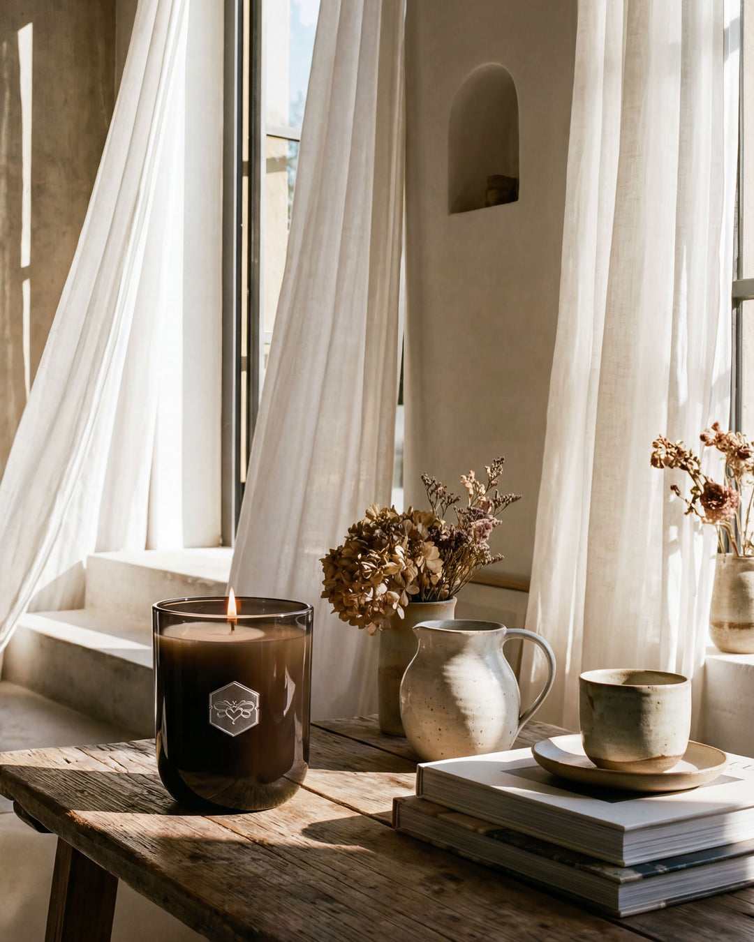 Candle on a wooden table with books and a vase in a softly lit room.