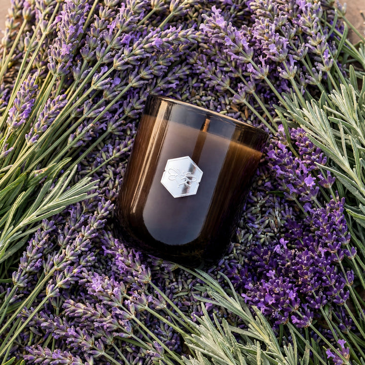 Brown candle with a white logo on lavender flowers