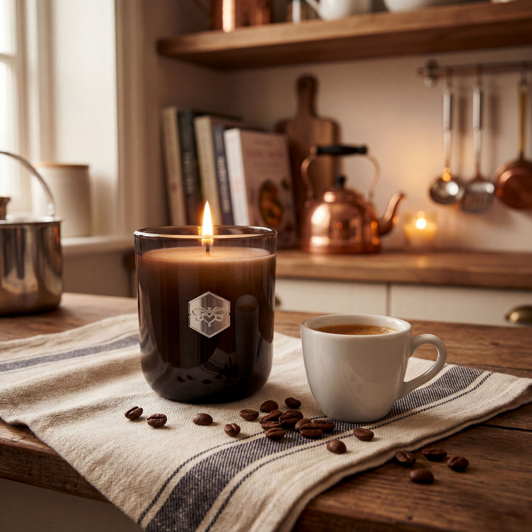 Candle with a coffee design next to a cup of coffee on a wooden table in a kitchen setting.