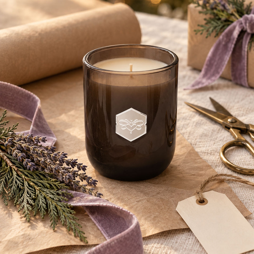 Bee Inspired Luxe French Lavender candle being wrapped for the holiday