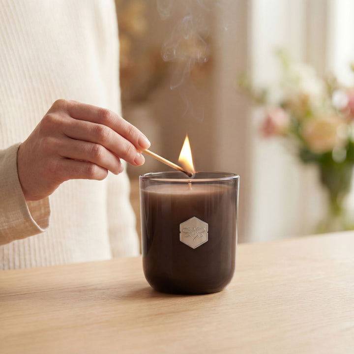 Hand lighting a candle with a match on a wooden surface.