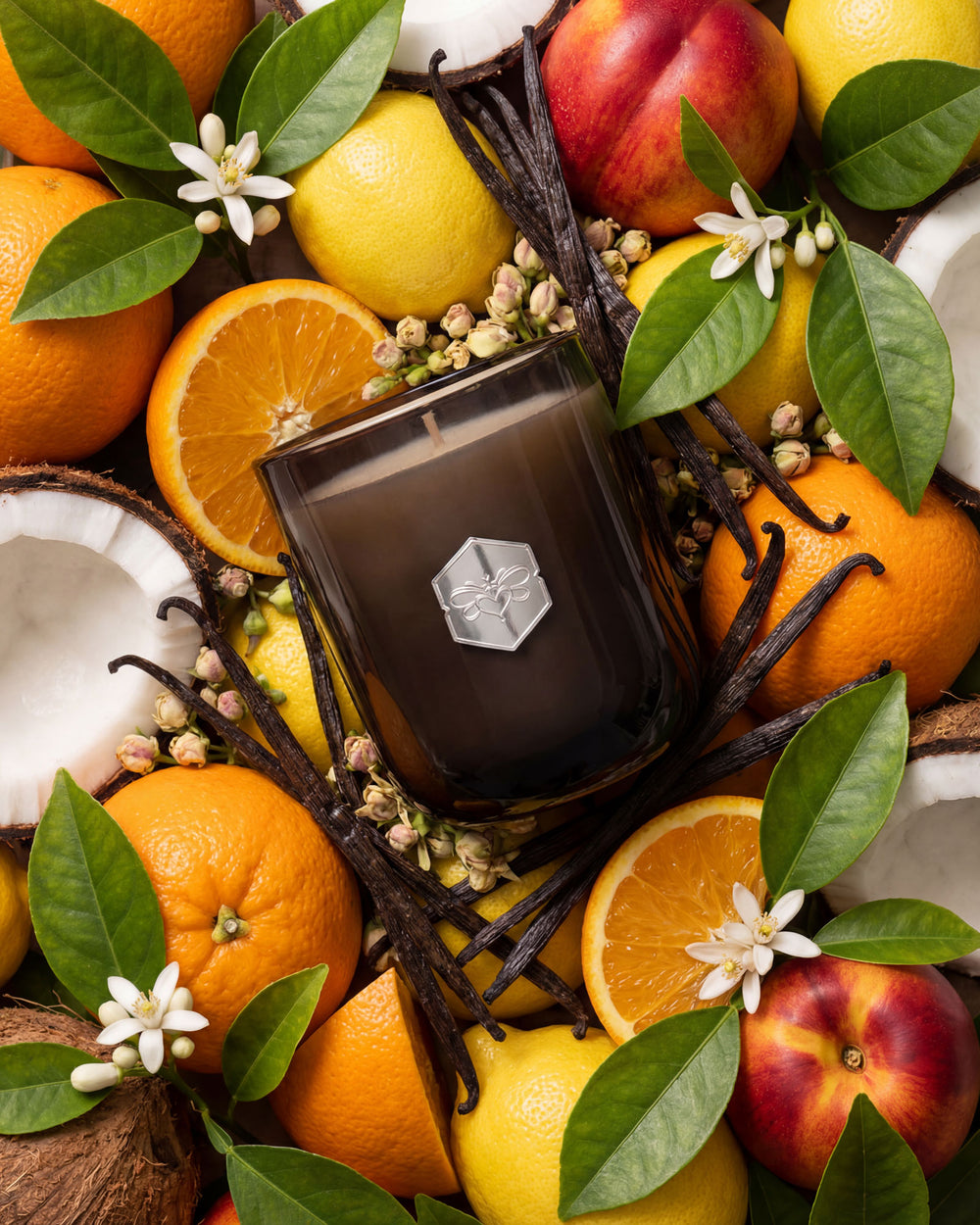 Candle surrounded by fruits and leaves on a white background