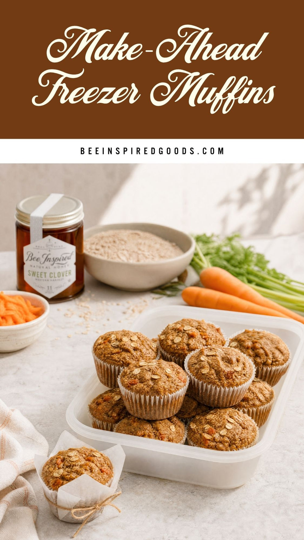 Make-ahead freezer muffins with carrots and a jar of honey on a light background