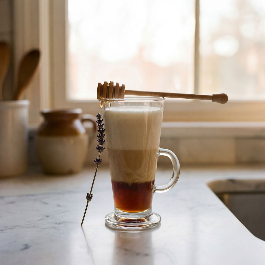 Glass of layered coffee with a honey dipper and lavender sprig on a kitchen counter.