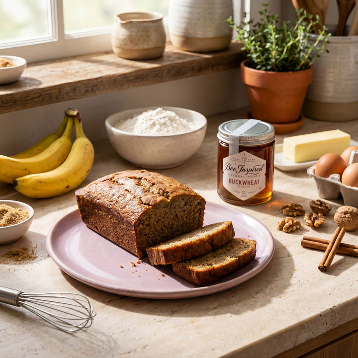 Loaf of bread on a pink plate with ingredients on a kitchen counter