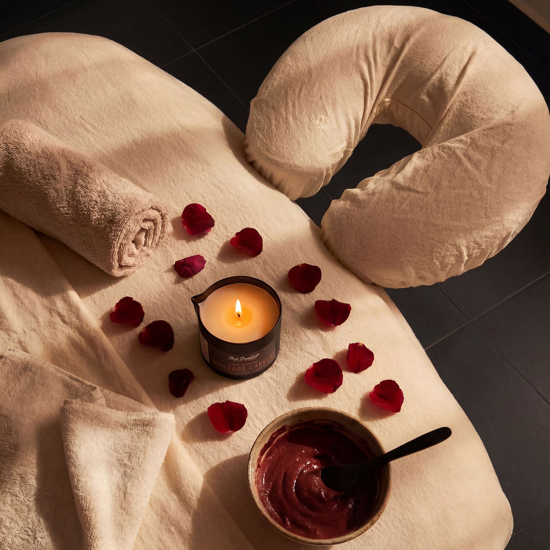 Candle, bowl of chocolate, and rose petals on a towel with a heart shape.