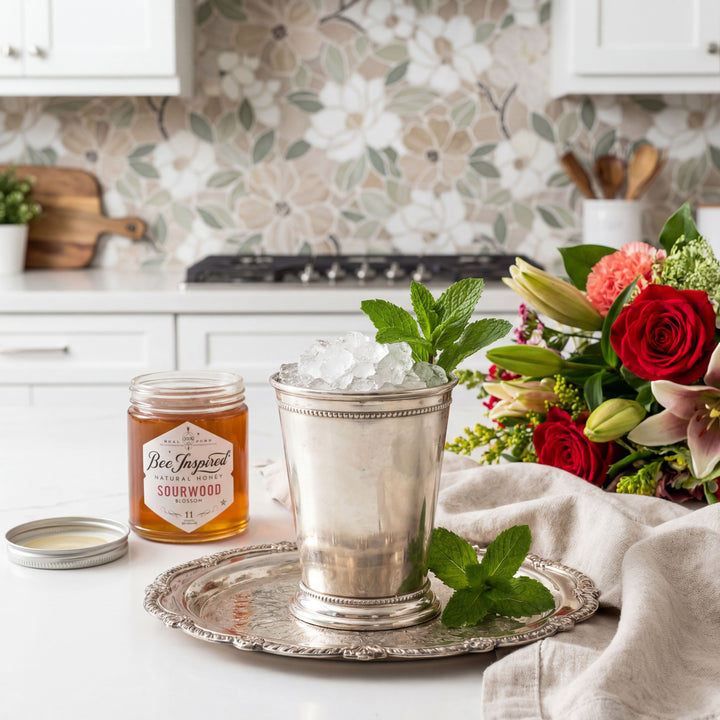 Silver mint julep cup with ice and mint leaves on a tray in a kitchen setting with flowers and a candle.