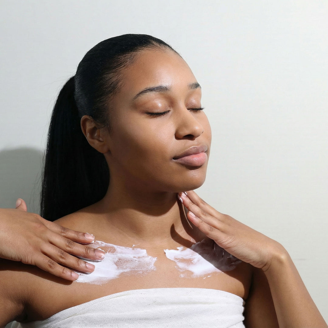 Woman applying cream to her shoulder with a neutral background