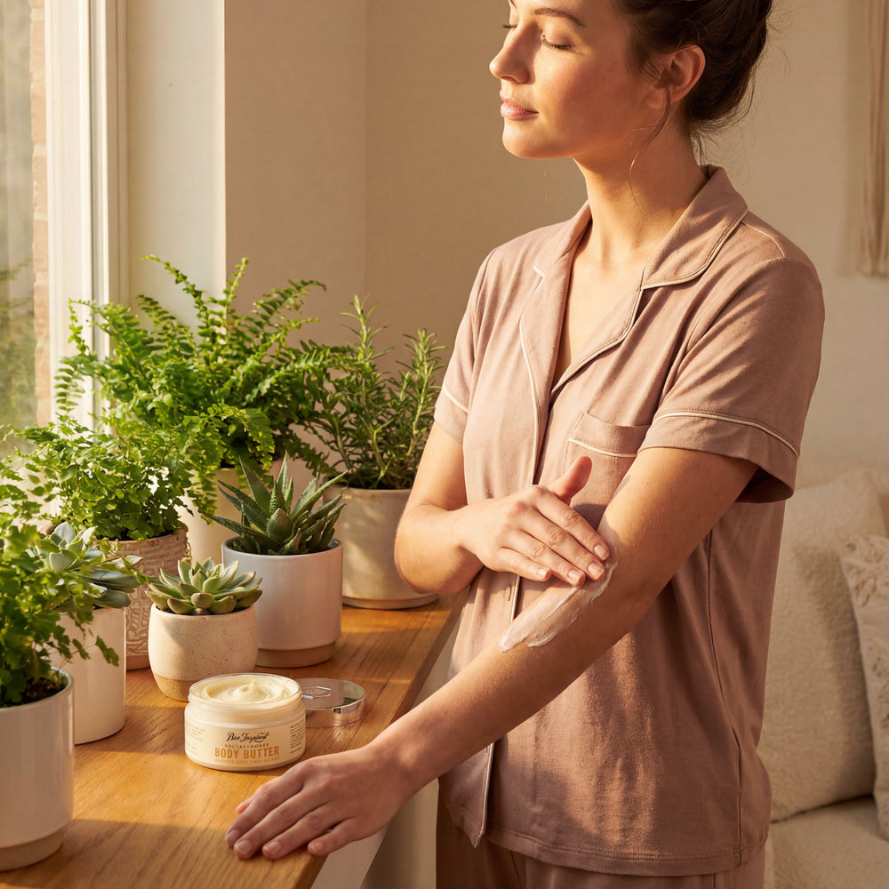 Woman applying lotion next to potted plants in a cozy room