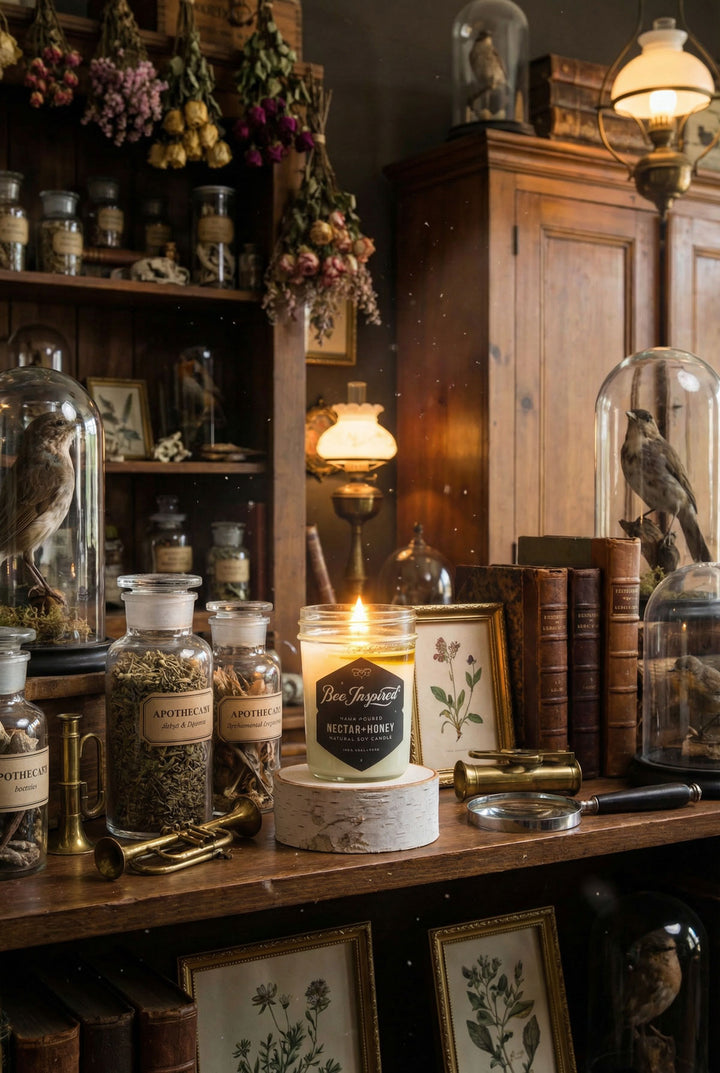 Vintage-style interior with Nectar+honey candle, books, and decorative items on a wooden shelf.

