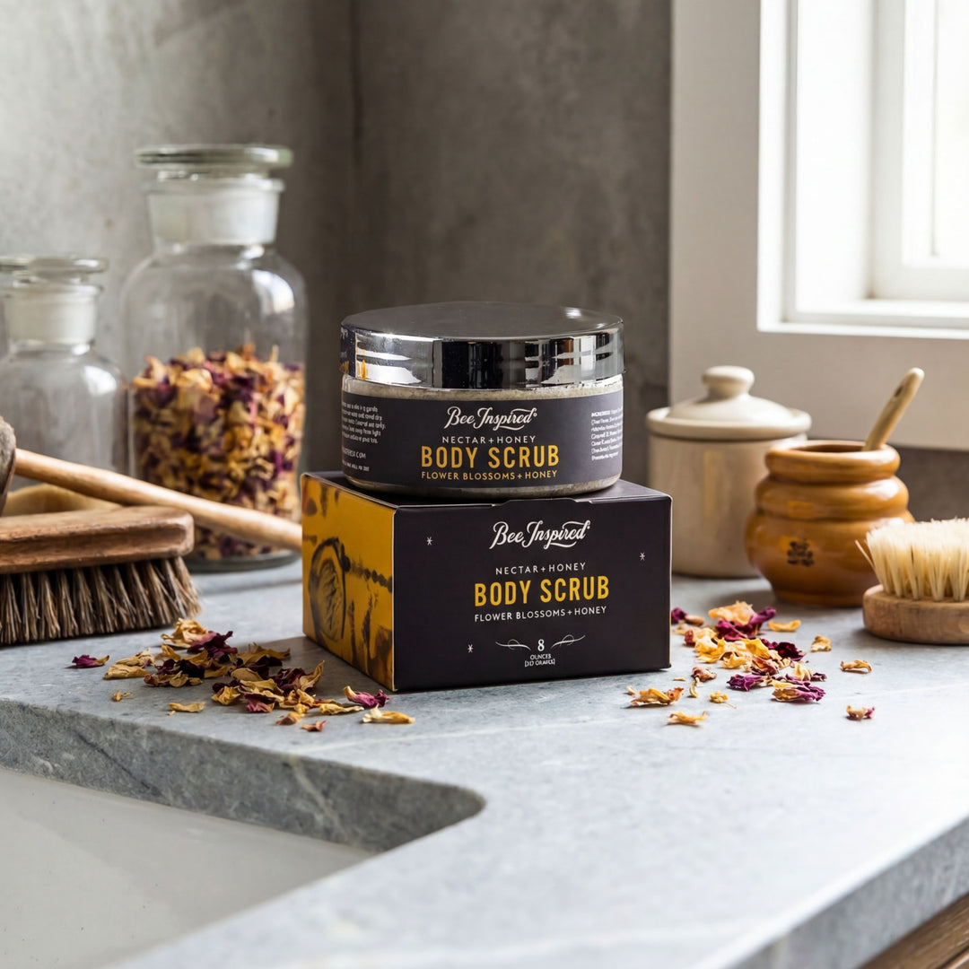 Body scrub jar with packaging on a bathroom counter