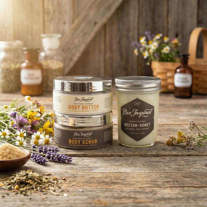 Bee-inspired body care products on a wooden surface with natural elements.