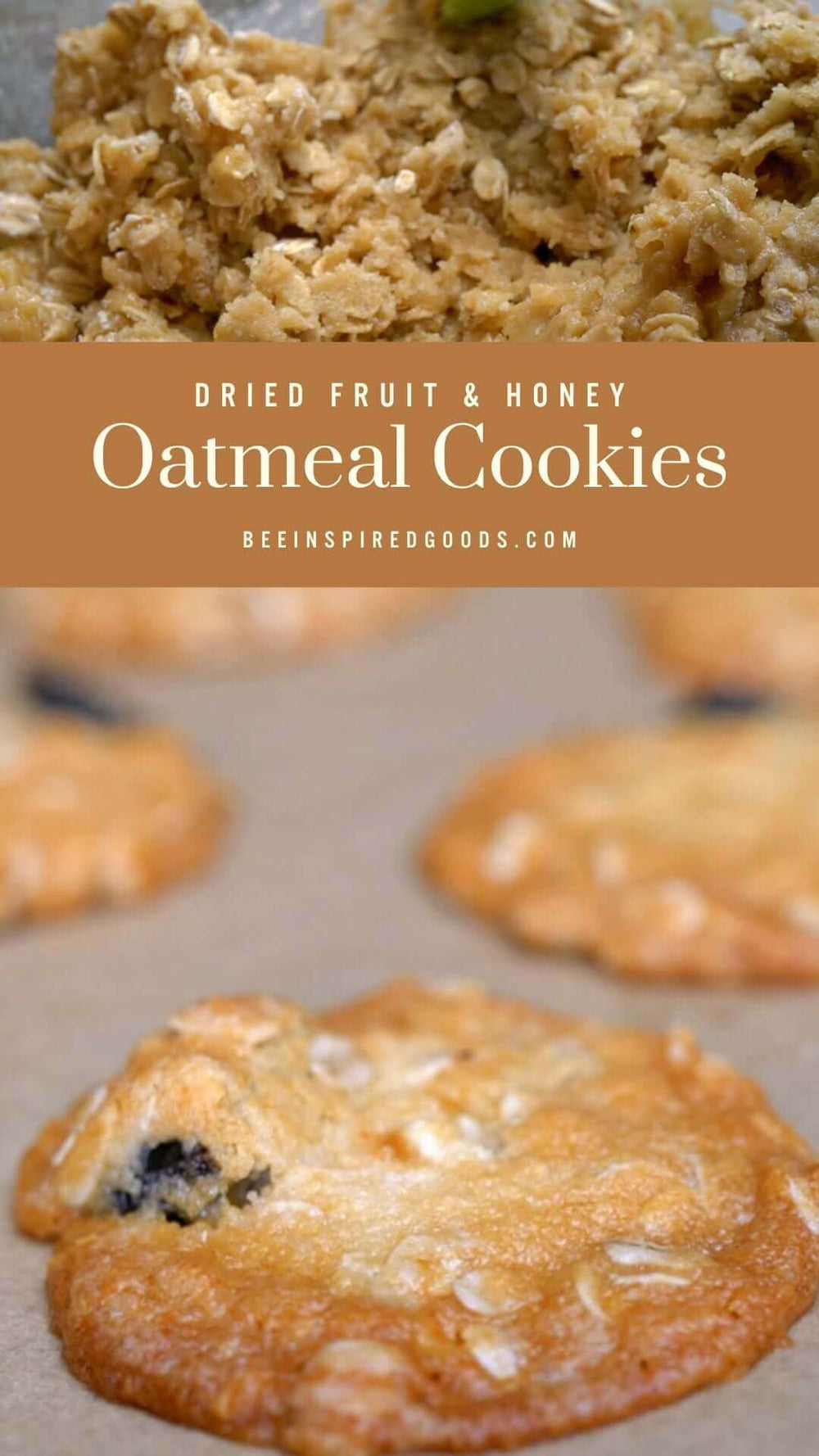 "Dried Fruit & Honey Oatmeal Cookies beeinspiredgoods.com" with a bowl of dough and a baked cookie 