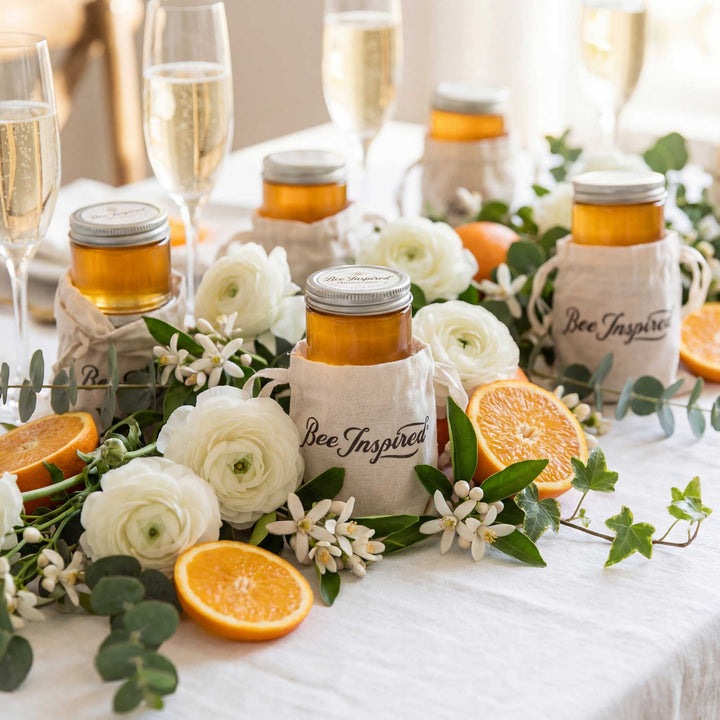 Jars of honey with 'Bee Inspired' labels on a table with flowers and oranges.