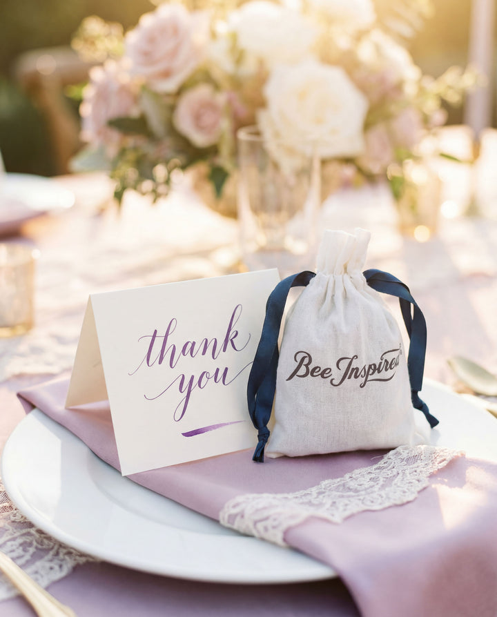 Table setting with 'thank you' card and drawstring bag on a tablecloth.