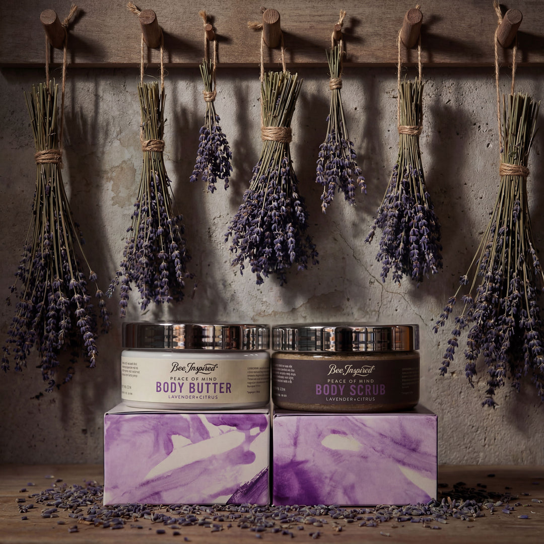 Body care products with lavender on a rustic background