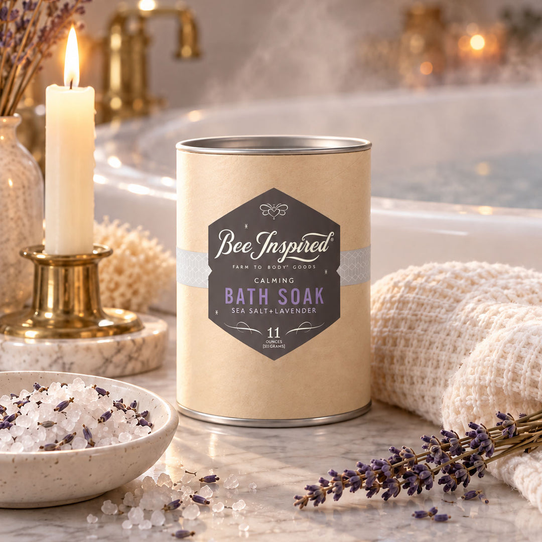 calming bath soak near tub with wash cloth and bath soak in bowl