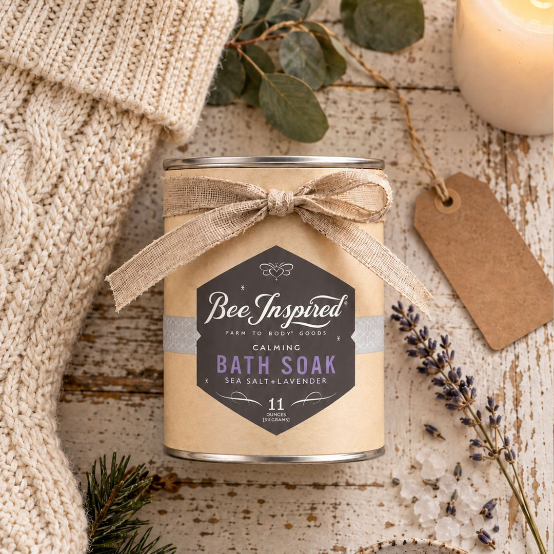 calming bath soak on painted wood surface with xmas stocking