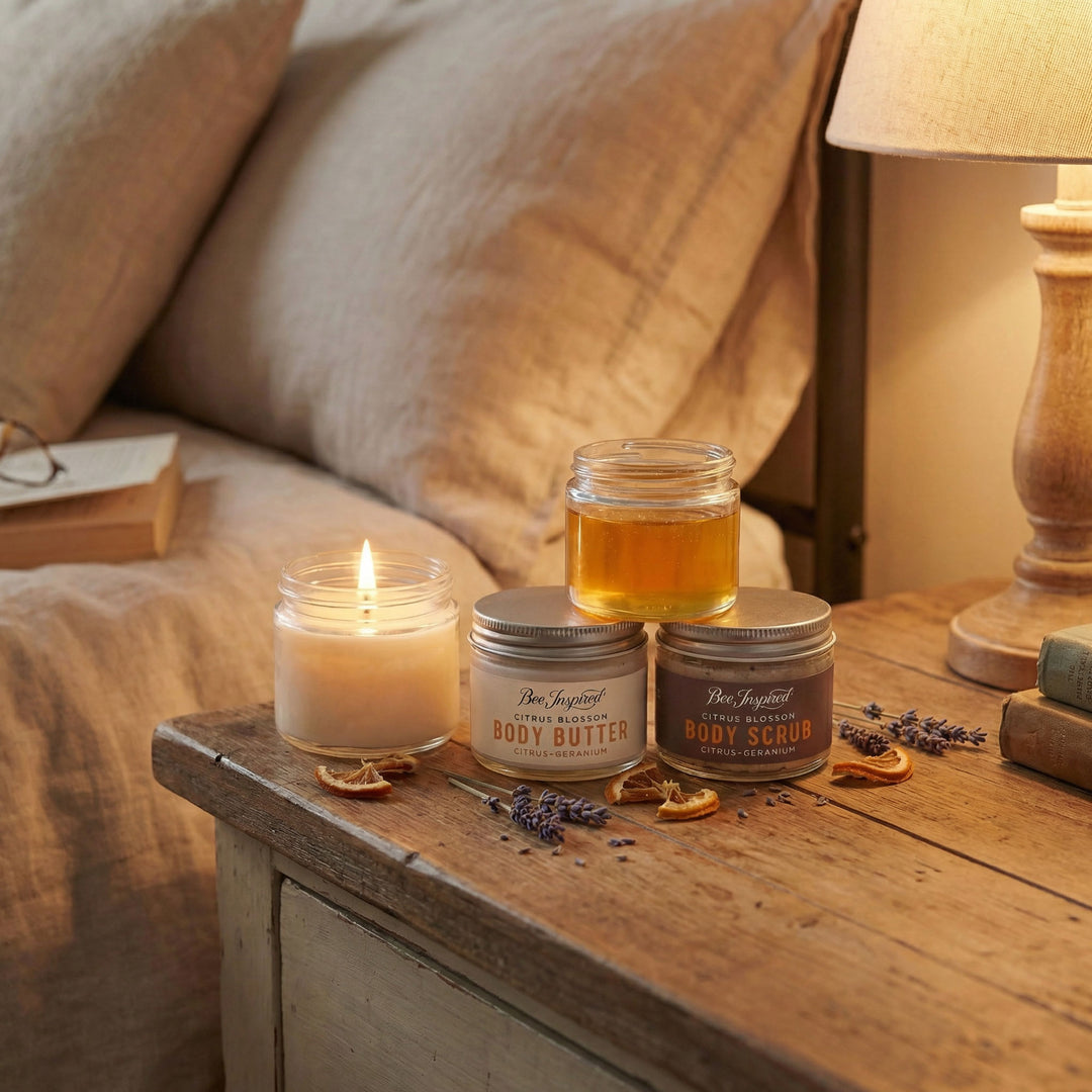Candle, body butter, and body scrub on a wooden surface with a cozy background.