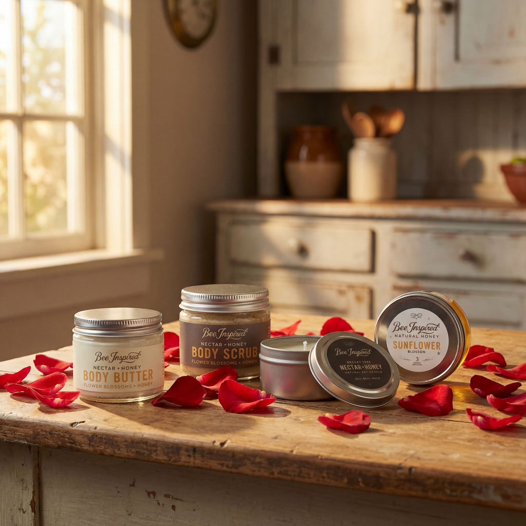 Bee & Tonic skincare products on a wooden surface with red petals