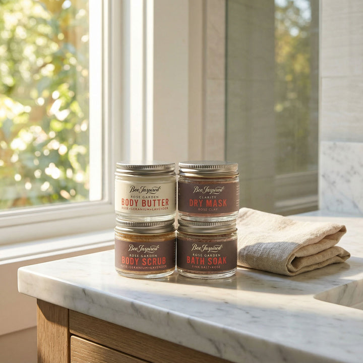 Set of body care products including body butter, dry mask, and bath soap on a marble countertop with a window in the background.