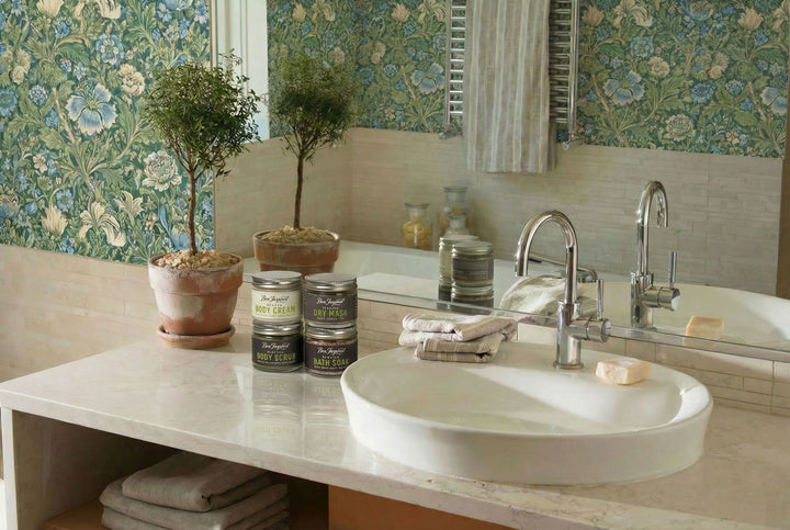 Bathroom with sink, toiletries, and decorative elements