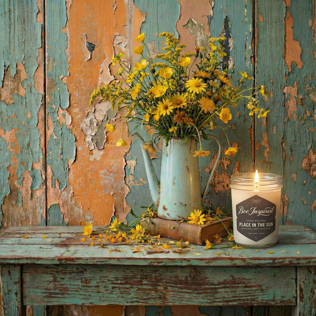 Place in Sun Candle with 'Be Inspired' packaging on a rustic wooden painted surface with flowers and a teapot.

