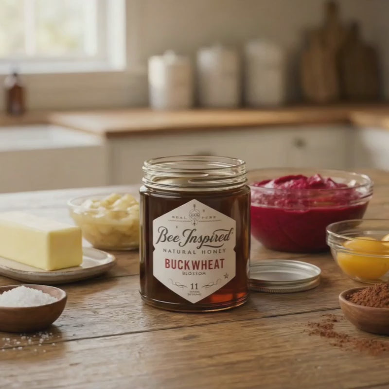 Buckwheat Honey on a kitchen counter surrounded by beet brownie ingredients.