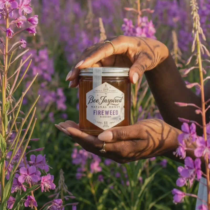 Feminine hands holding a jar of Fireweed Honey in a field of blooming fireweed plants.