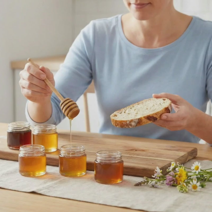 Tasting different honey varietals on a piece of bread. 