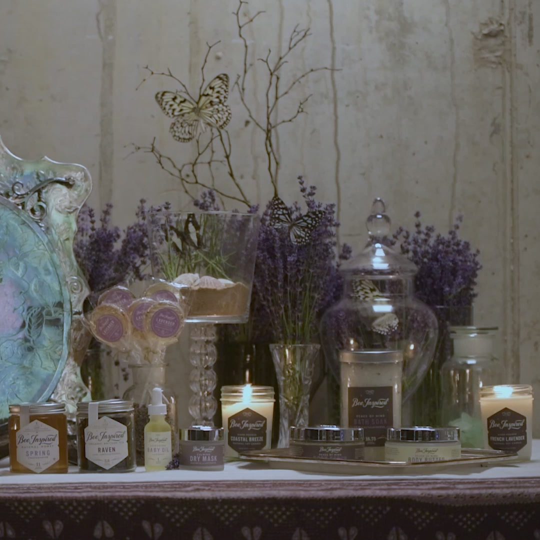 lavender experience products on set with fresh lavender