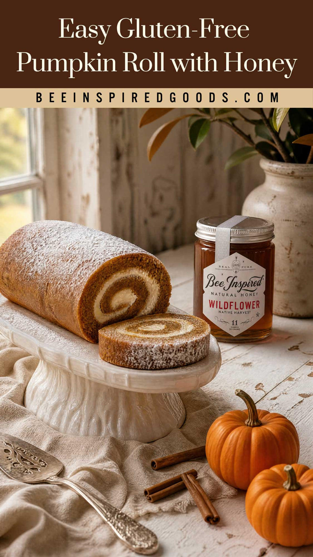 pumpkin roll on cake plate surrounded by pumpkin, cinnamon sticks and wildflower honey
