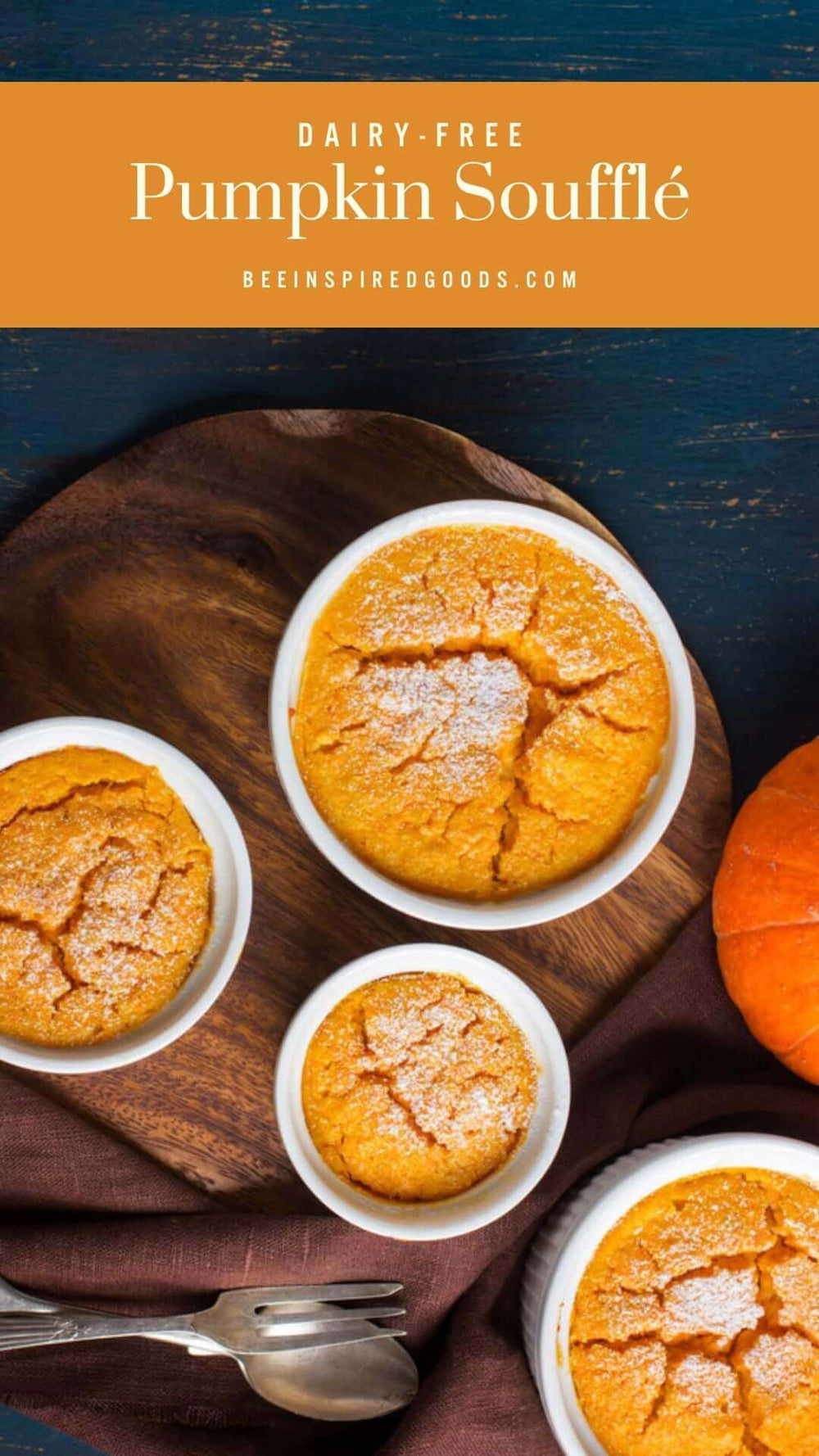 "Dairy-Free Pumpkin Souffle beeinspiredgoods.com" with different sized souffles topped with sugar 