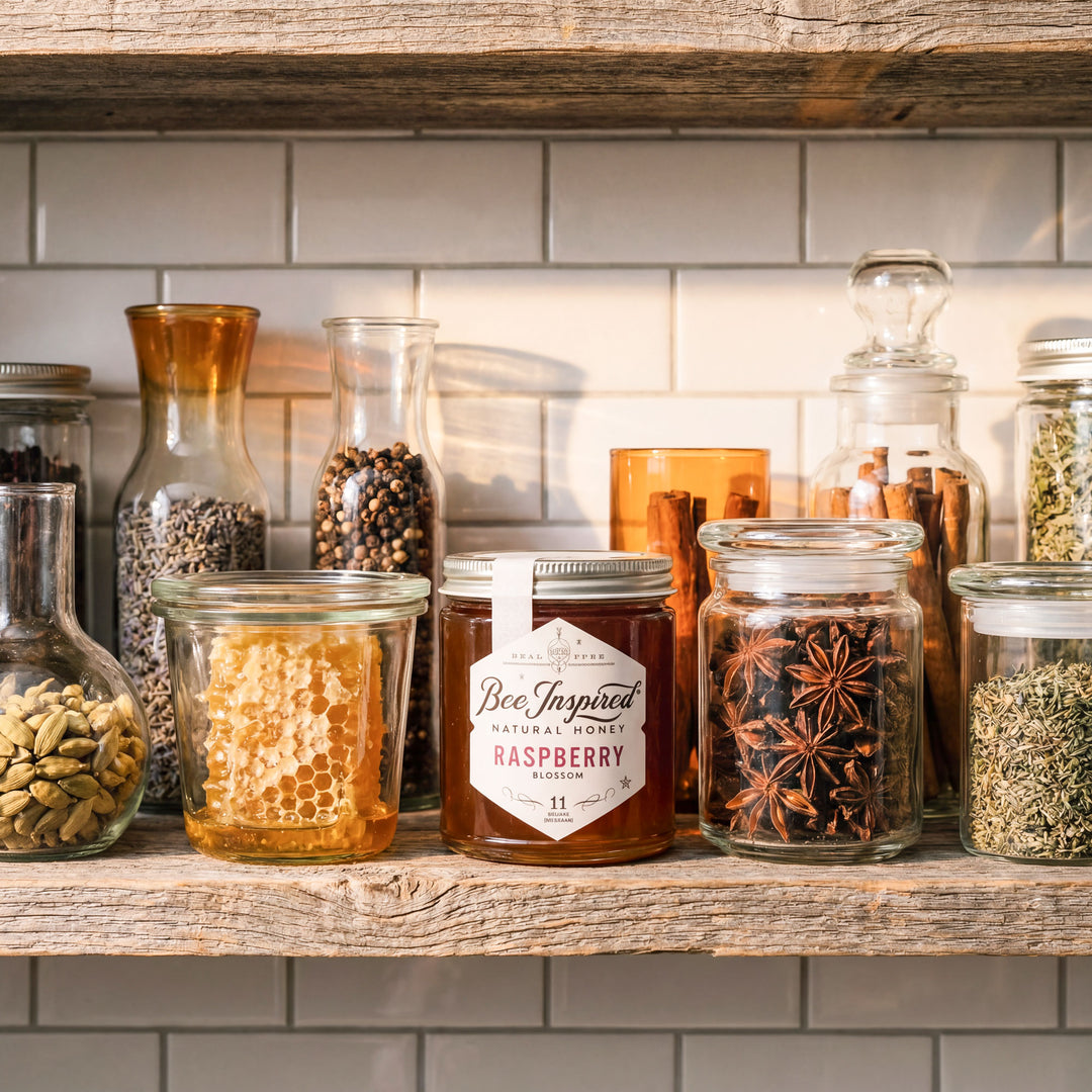 Jars of honey, tea, and spices on a wooden shelf with a tiled wall background