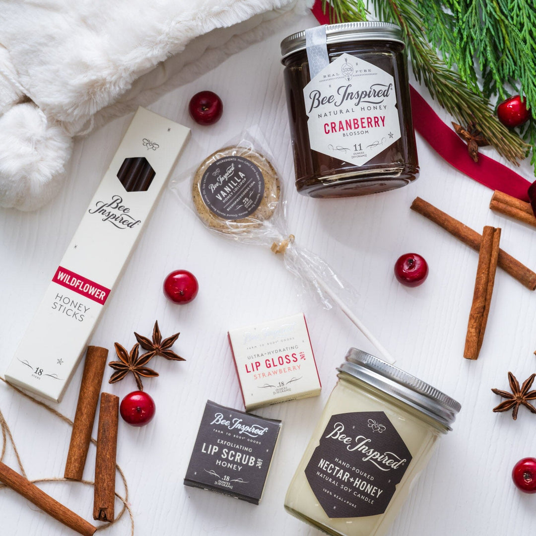 cranberry honey on white set with other holiday gift ideas