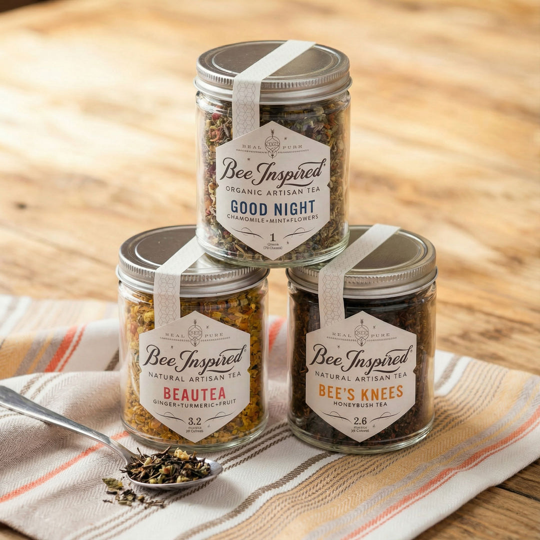 relaxation tea set stacke in pyramid format with spoon and tea flowers