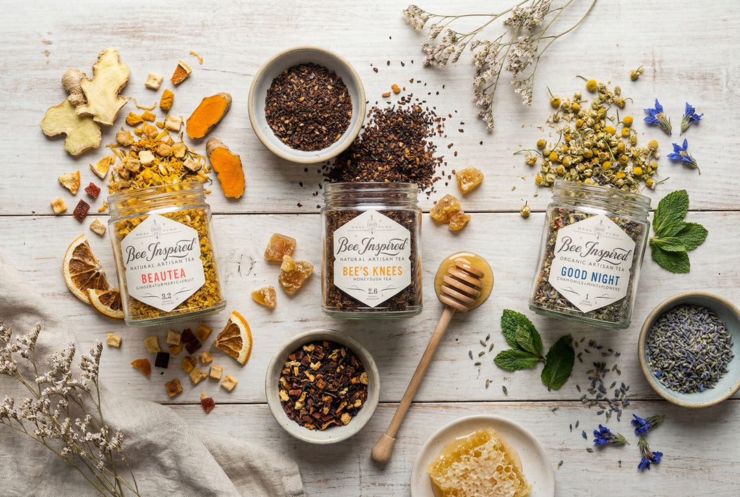 Bee Inspired Relaxation Tea Set with 'Bee Inspired' jars on a wooden desk