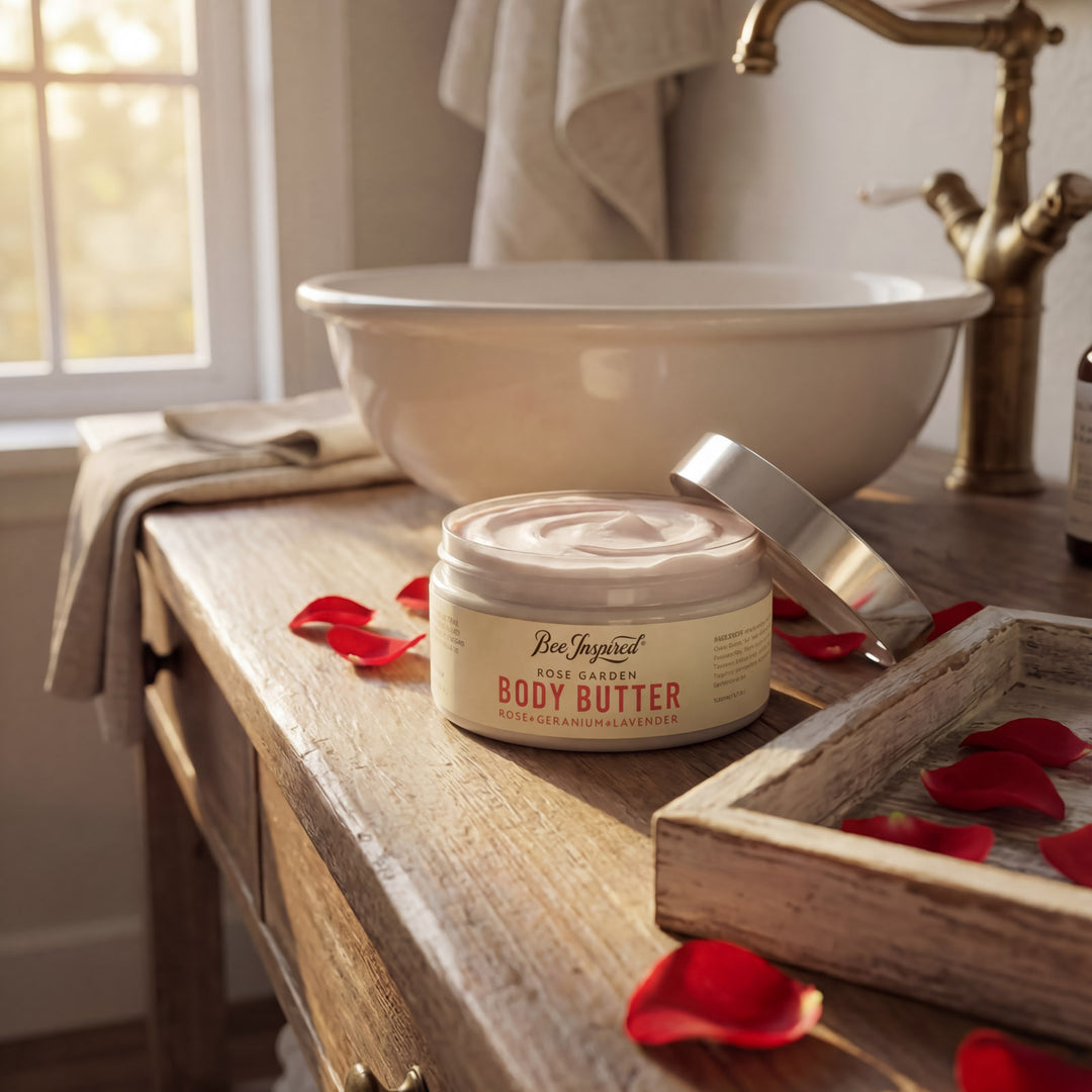 Body butter jar on a wooden surface with rose petals and a bowl in the background