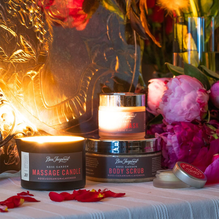 boudoir set with rose garden massage candle