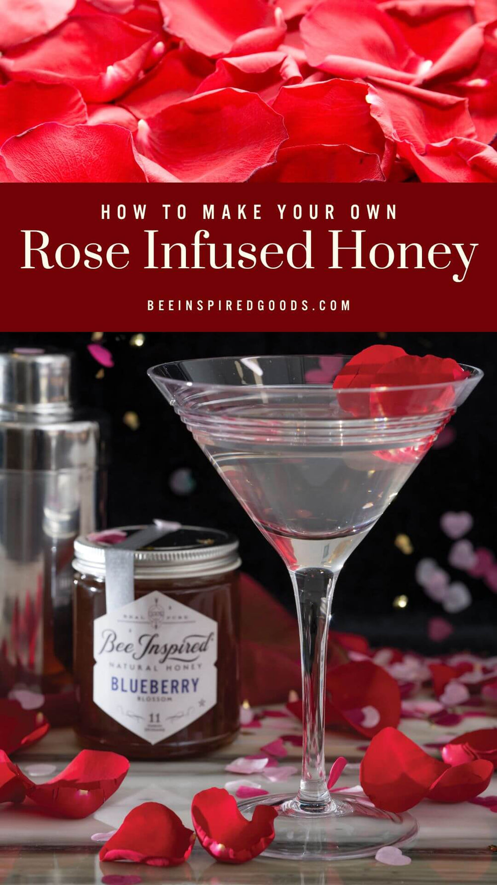 "How to Make Your Own Rose Infused Honey" with rose petals and blueberry honey from bee inspired honey retail store in owings mills