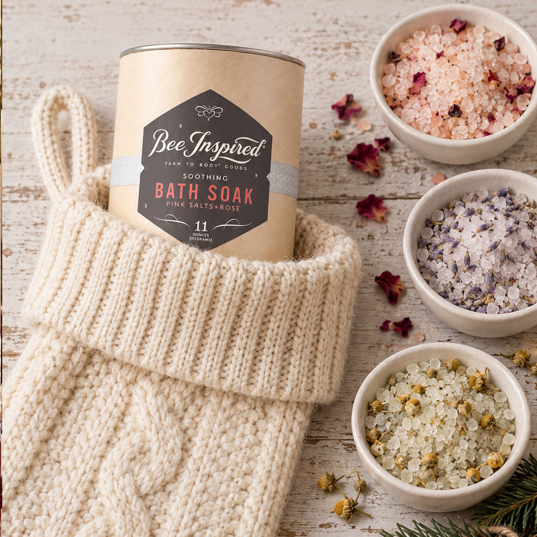 bee inspired rose bath soak in xmas stocking with small bowls of each bee inspired bath soak