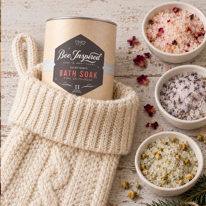 bee inspired rose bath soak in xmas stocking with small bowls of each bee inspired bath soak