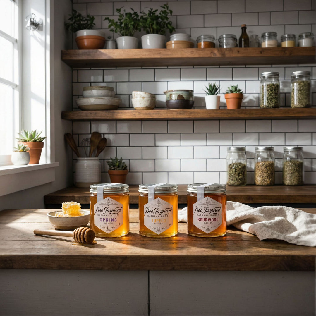 Jars of honey with labels on a wooden surface, shelves with jars and plants in the background.