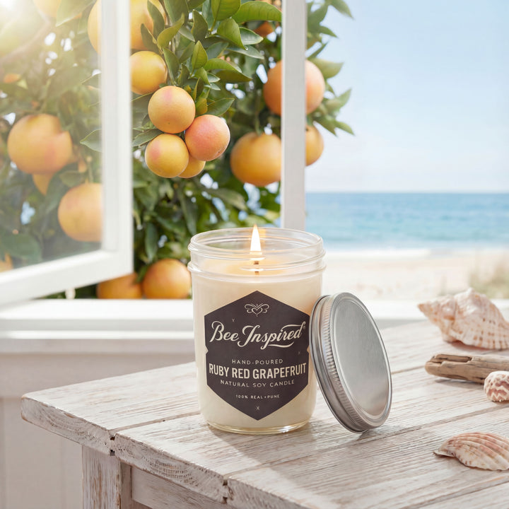 ruby red grapefruit candle in beach cottage with grapefruit tree outside