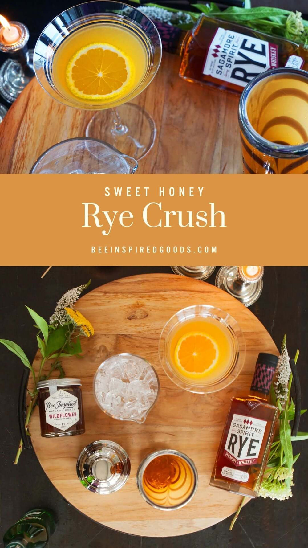 "Sweet Honey Rye Crush beeinspiredgoods.com" honey, glasses, and a cocktail shaker