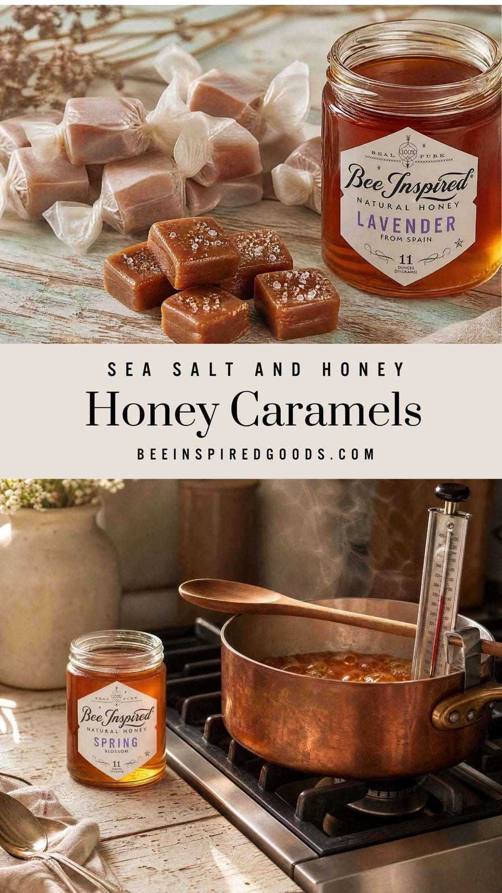 Honey caramels and a jar of honey on a wooden surface with 'Bee Inspired' branding.