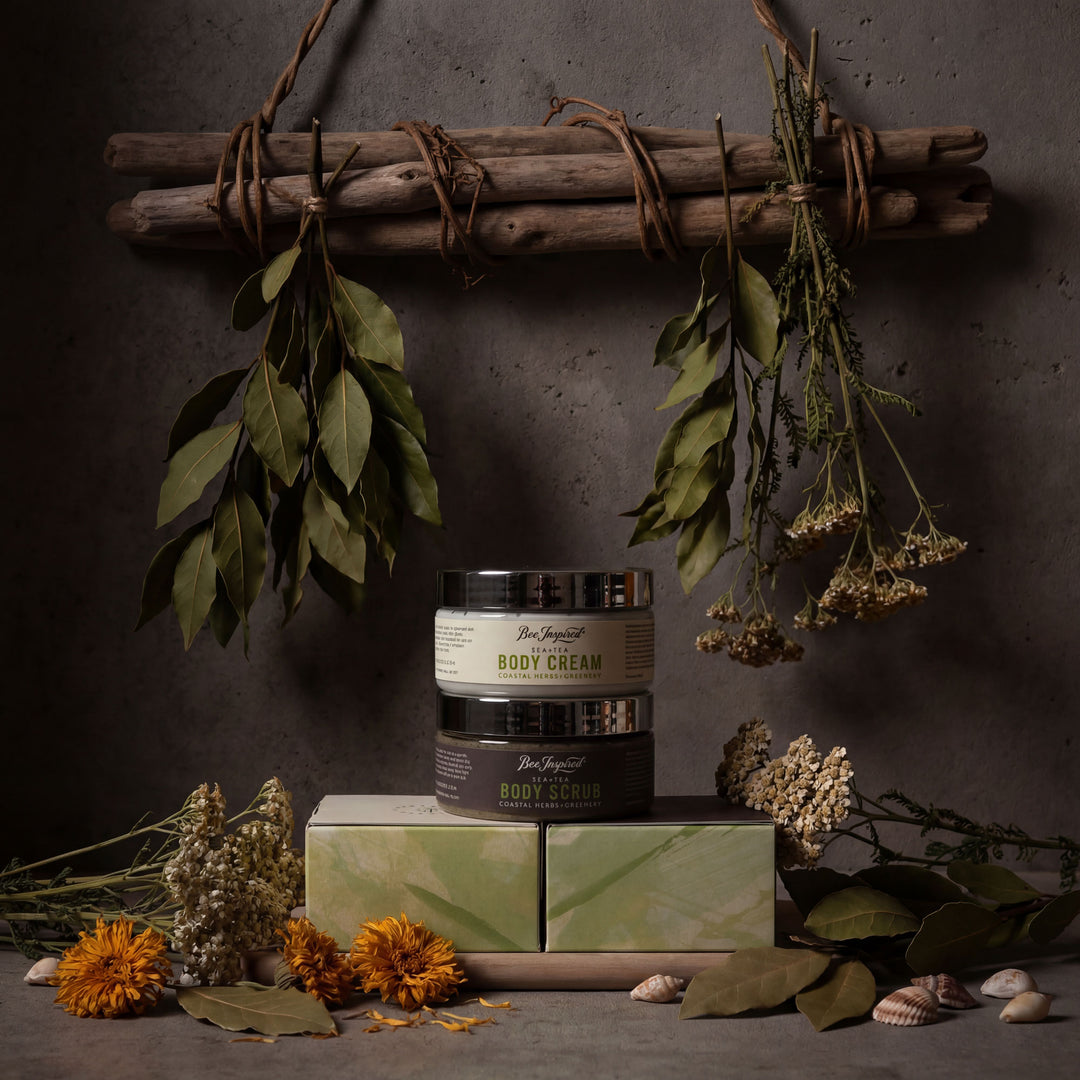 Body care products with natural elements on a dark background
